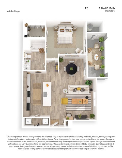 Floor plan for 1 bed, 1 bath, 950 sqft